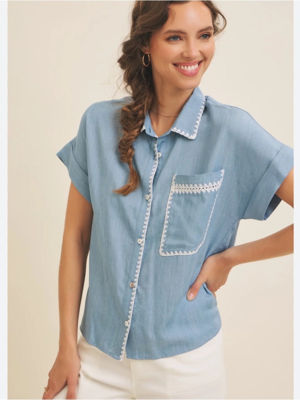 La February Short Sleeve Button Down Chambray Shirt